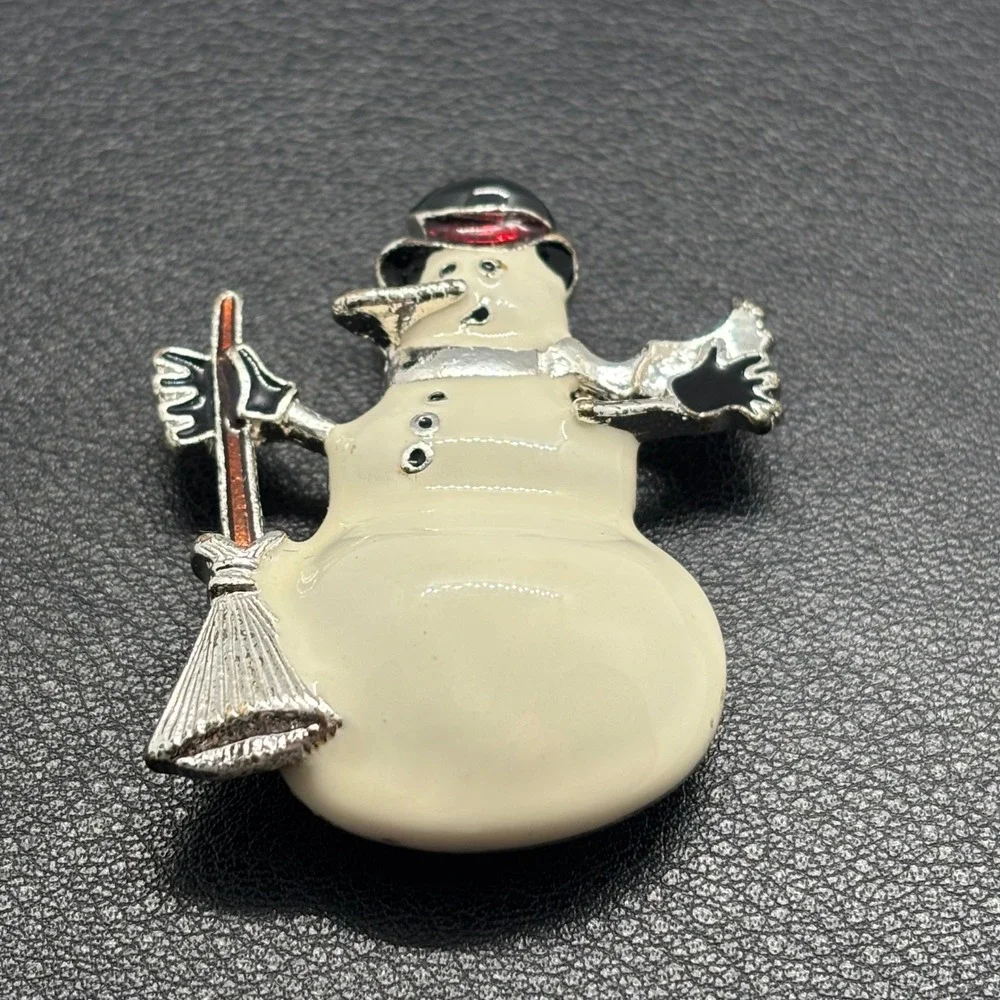 Vintage Snowman Brooch Enamel Christmas Holiday Pin Silver Tone Broom 1.75in